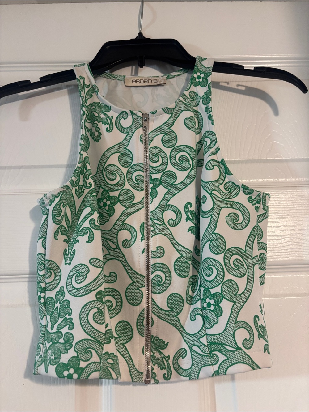 Arden B White Crop Top with Green Scroll Print and Front Zip